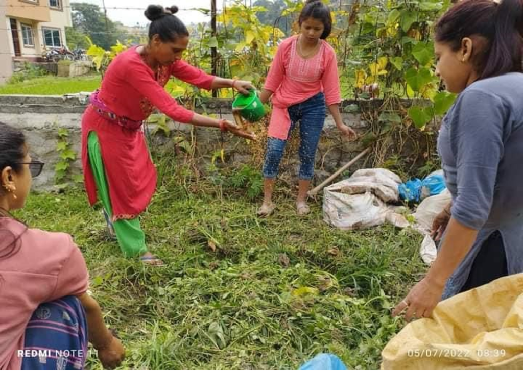 Four women nurturing the land with water during agricultural work